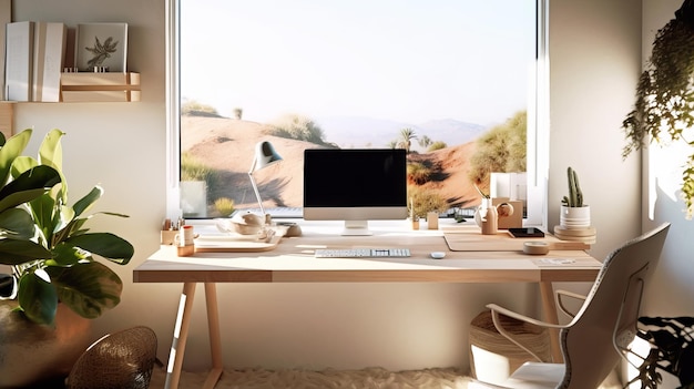 Espaço de trabalho minimalista em casa com luz natural