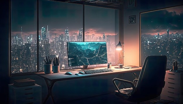 Espaço de trabalho moderno com computador em cima da mesa Gerar IA
