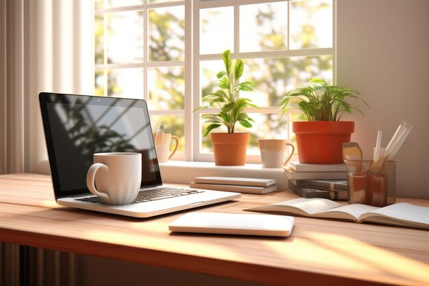 Espaço de trabalho moderno com computador xícara de café espaço de trabalho escritório sala de reunião mesa tampa aberta computador laptop fundo em branco Ai gerado