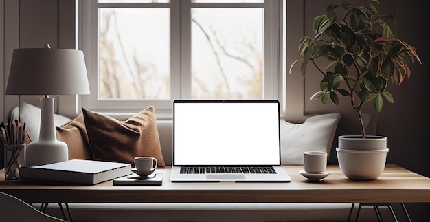 Foto espaço de trabalho moderno com imagem gerada por ia de quadro branco de laptop de tela em branco