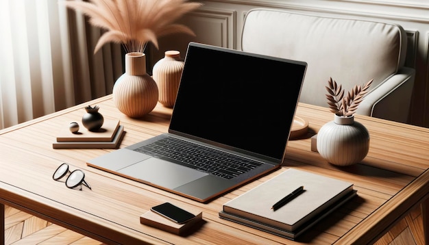 Espaço de trabalho moderno com laptop de tela em branco na mesa de madeira Mock up Generative AI