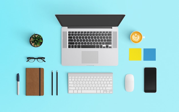 Foto espaço de trabalho moderno com xícara de café, notebook, smartphone e laptop na cor azul