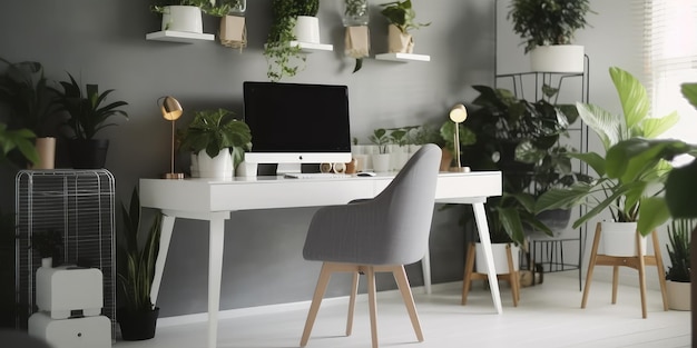 Espaço de trabalho moderno em sala decorada com vasos de plantas verdes home office Generative AI AIG18