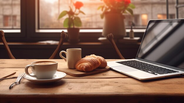 Espaço de trabalho produtivo com laptop e xícara de café na mesa Imagem de estoque melhorada por IA gerativa