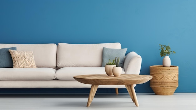 Foto espaço de vida aconchegante com uma mesa de café de madeira redonda, sofá de pelúcia e parede azul vibrante