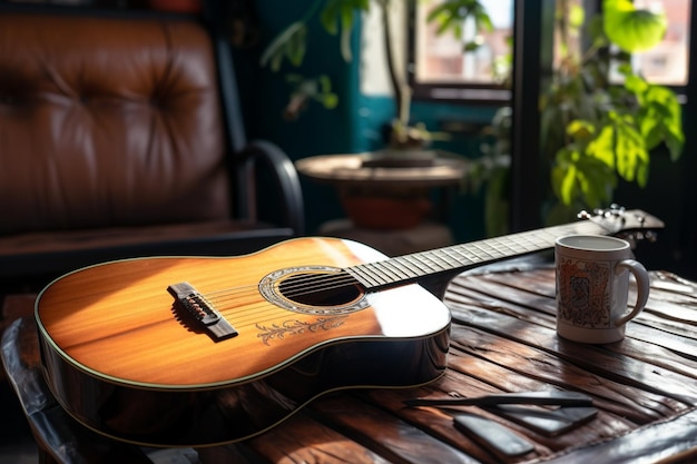 Espaço desabitado uma guitarra acústica repousa antecipando a próxima apresentação soulful