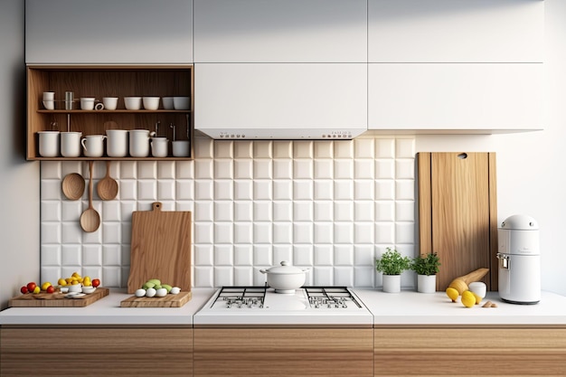 Espaço em branco em branco perto de um lindo balcão de cozinha de madeira adornado com aparelhos modernos