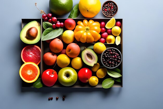 Espaço em branco para texto com frutas ao redor da cor de fundo