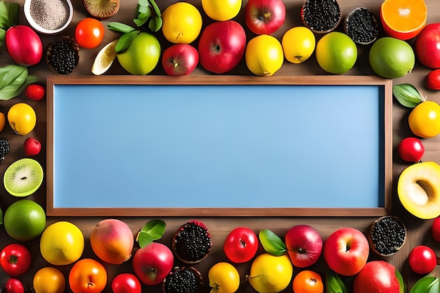 Espaço em branco para texto com frutas ao redor da cor de fundo