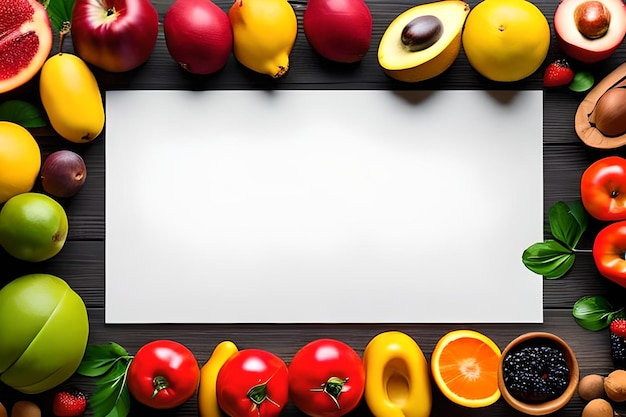 Foto espaço em branco para texto com frutas ao redor da cor de fundo