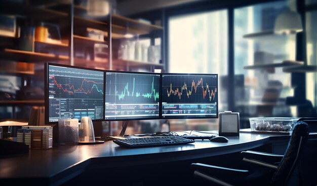 Espaço escritório interior gráficos de crescimento de escritório de negócios gráfico de negócios digital crescimento financeiro aberto