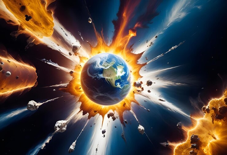 Foto espaço exterior com planetas alienígenas e explosão 3d rendring planetas ao redor da terra