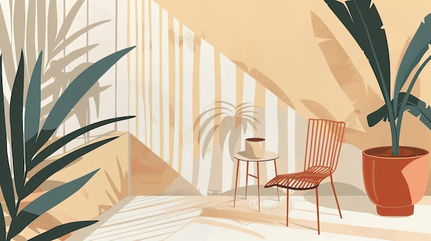 Espaço interior aconchegante e minimalista com plantas e móveis modernos