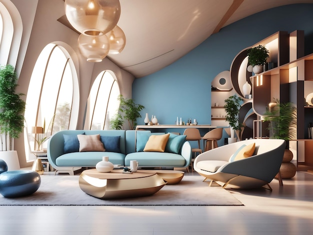 Espaço interior contemporâneo com móveis e decoração fundo de visualização 3D
