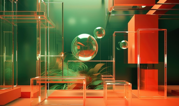 Espaço moderno com elementos de morfismo de vidro adornados com uma decoração de vidro hipnotizante e beleza natural Esferas de vidro abstratas e palmeiras Criado com ferramentas generativas de IA
