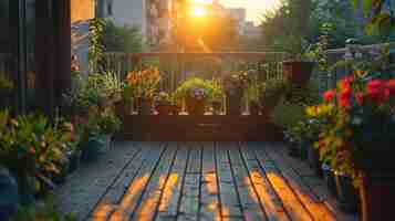 Foto espaço pacífico em um terraço urbano com jardins de contêineres e ruídos ambientais suaves fundo de cor sólida 4k ultra hd
