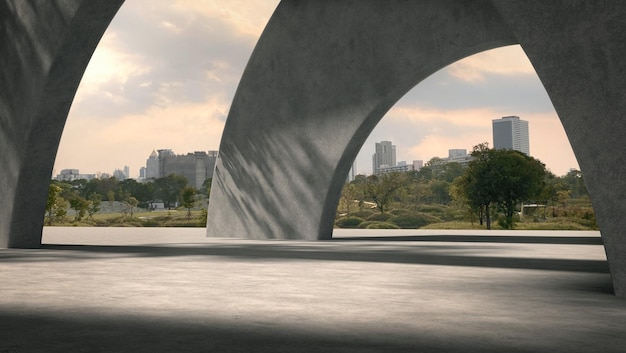 Foto espaço para vitrines de produtos no corredor de concreto com fundo de parque.