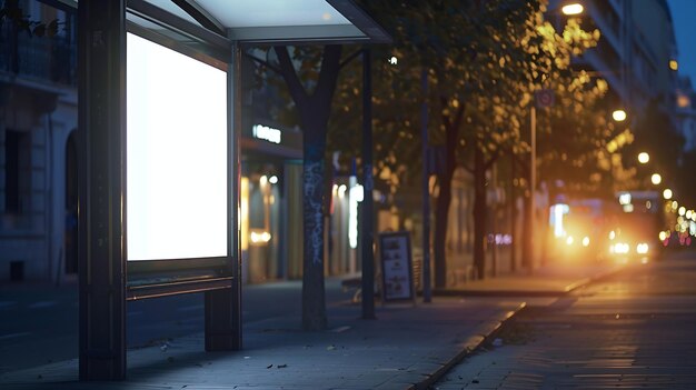 Espaço publicitário isolado branco iluminado por trás em uma parada de ônibus na rua AI geradora