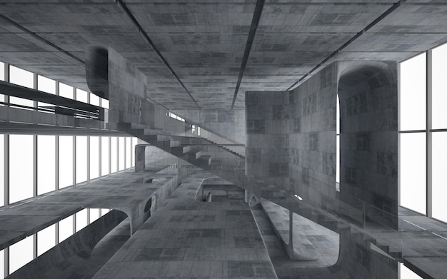 Espaço público multilevel interior concreto abstrato com janela. Ilustração 3D e renderização.