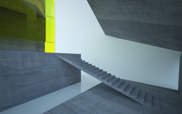 Espaço público multinível interior abstrato de concreto e madeira com ilustração 3D de iluminação neon
