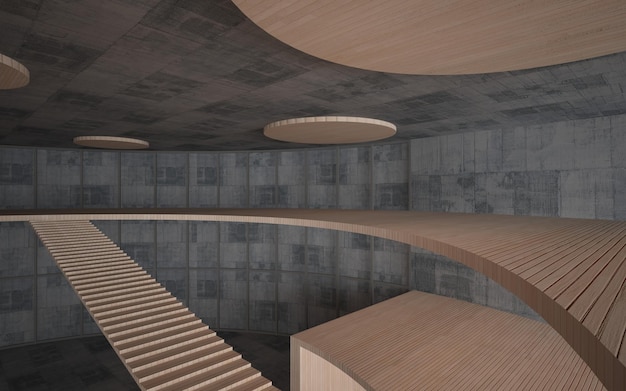 Espaço público multinível interior abstrato de concreto e madeira com ilustração 3D de janela e renderização