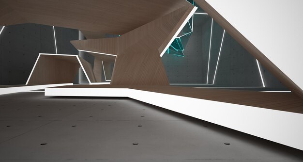 Espaço público multinível interior abstrato de concreto e madeira com ilustração 3D de janela e renderização