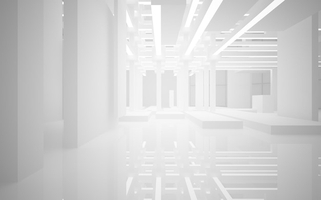 Espaço público multinível interior branco abstrato com ilustração e renderização 3D de janela