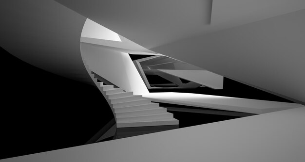 Espaço público multinível interior branco e preto abstrato com ilustração 3D da janela