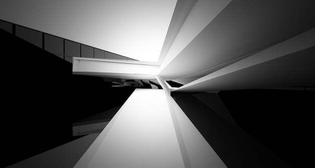 Espaço público multinível interior branco e preto abstrato com ilustração 3D da janela