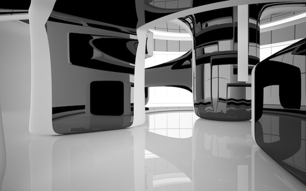 Espaço público multinível interior branco e preto abstrato com ilustração e renderização 3D da janela