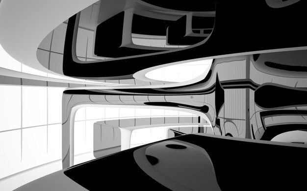 Espaço público multinível interior branco e preto abstrato com ilustração e renderização 3D da janela