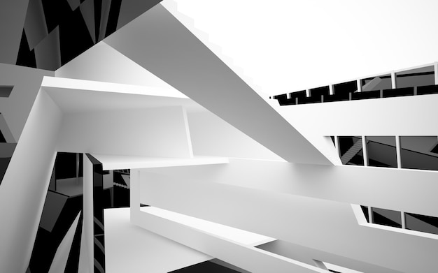 Espaço público multinível interior branco e preto abstrato com ilustração e renderização 3D da janela