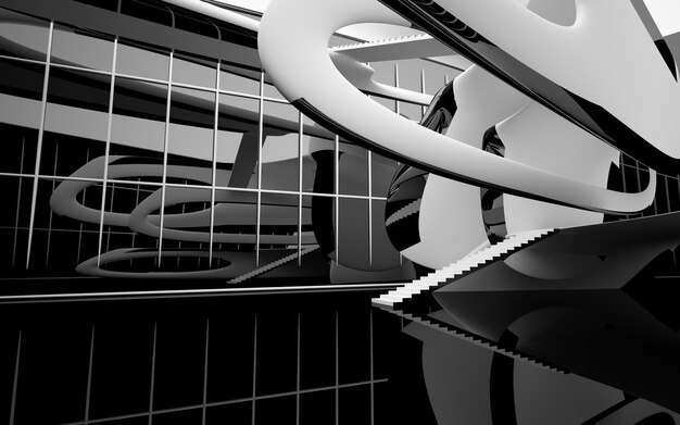 Foto espaço público multinível interior branco e preto abstrato com ilustração e renderização 3d da janela