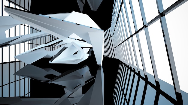 Espaço público multinível interior branco e preto abstrato com ilustração e renderização 3D da janela