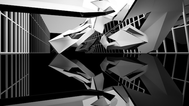 Espaço público multinível interior branco e preto abstrato com ilustração e renderização 3D da janela