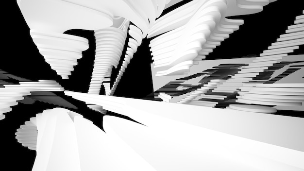 Espaço público multinível interior branco e preto abstrato com ilustração e renderização 3D da janela