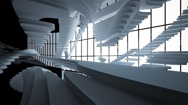 Espaço público multinível interior branco e preto abstrato com ilustração e renderização 3D da janela
