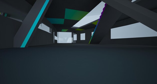 Espaço público multinível interior branco e preto abstrato com ilustração e renderização 3D da janela