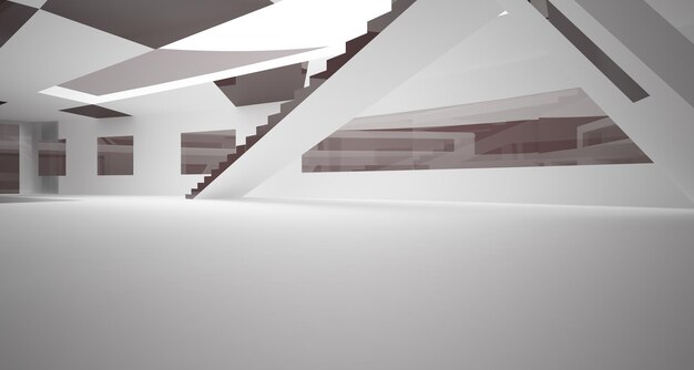 Espaço público multinível interior branco e preto abstrato com ilustração e renderização 3D da janela