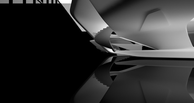 Espaço público multinível interior branco e preto abstrato com ilustração e renderização 3D da janela