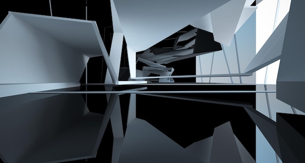 Espaço público multinível interior branco e preto abstrato com ilustração e renderização 3D da janela