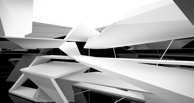 Espaço público multinível interior branco e preto abstrato com ilustração e renderização 3D da janela