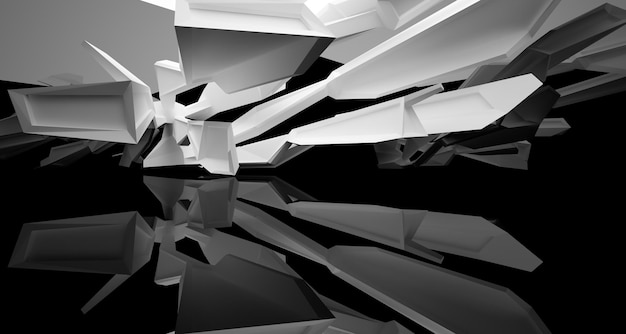 Espaço público multinível interior branco e preto abstrato com ilustração e renderização 3D da janela