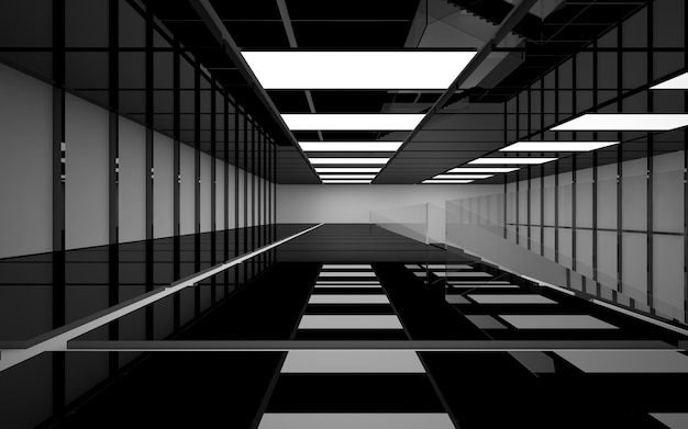 Espaço público multinível interior branco e preto abstrato com janela. ilustração 3D e renderização