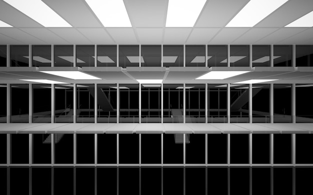 Foto espaço público multinível interior branco e preto abstrato com janela. ilustração 3d e renderização