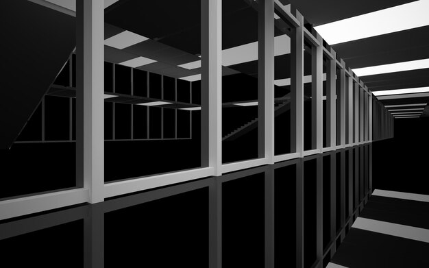 Espaço público multinível interior branco e preto abstrato com janela. ilustração 3D e renderização