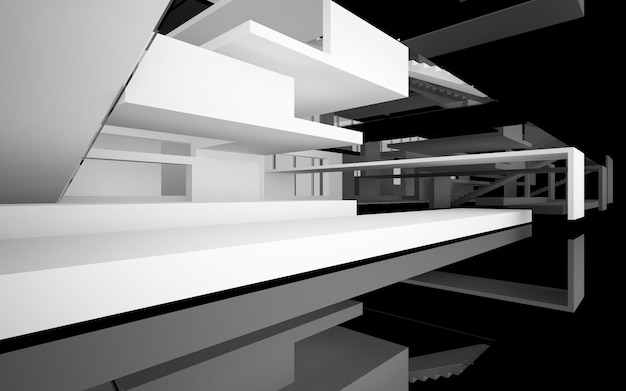 Espaço público multinível interior branco e preto abstrato com janela. ilustração 3D e renderização