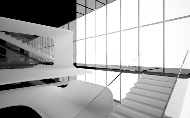 Espaço público multinível interior branco e preto abstrato com janela. ilustração 3D e renderização
