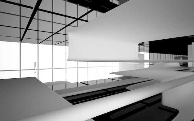 Espaço público multinível interior branco e preto abstrato com janela. ilustração 3D e renderização