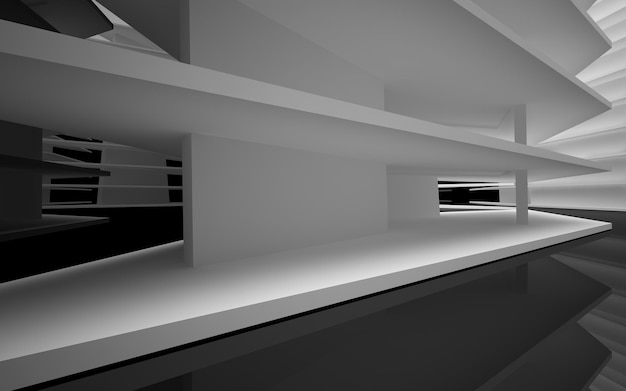 Espaço público multinível interior branco e preto abstrato com janela. ilustração 3D e renderização